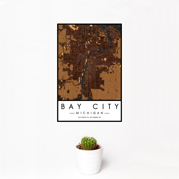 12x18 Bay City Michigan Map Print Portrait Orientation in Ember Style With Small Cactus Plant in White Planter