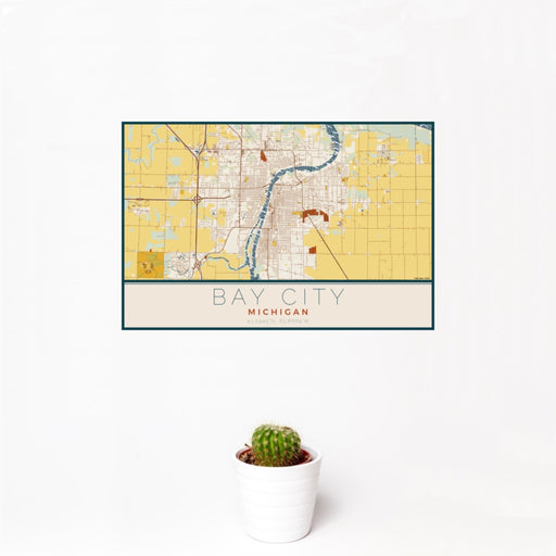 12x18 Bay City Michigan Map Print Landscape Orientation in Woodblock Style With Small Cactus Plant in White Planter