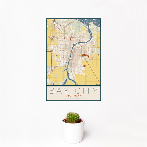 12x18 Bay City Michigan Map Print Portrait Orientation in Woodblock Style With Small Cactus Plant in White Planter