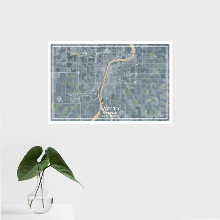 16x24 Bay City Michigan Map Print Landscape Orientation in Afternoon Style With Tropical Plant Leaves in Water