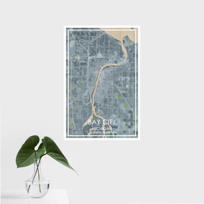 16x24 Bay City Michigan Map Print Portrait Orientation in Afternoon Style With Tropical Plant Leaves in Water