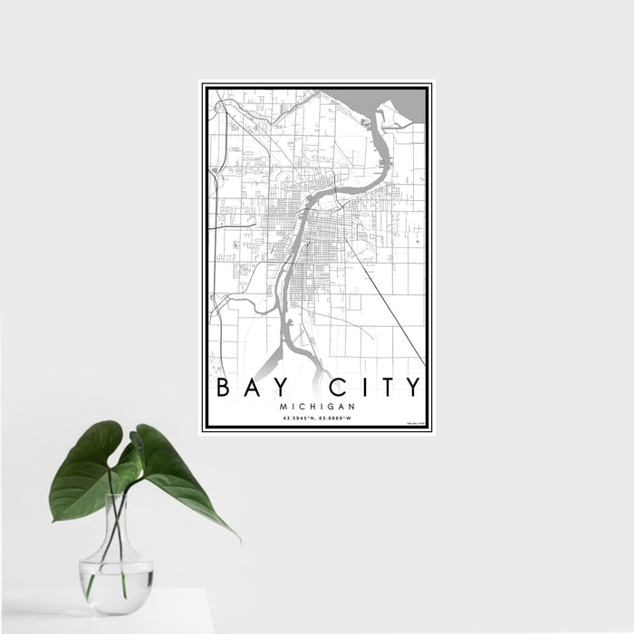 16x24 Bay City Michigan Map Print Portrait Orientation in Classic Style With Tropical Plant Leaves in Water