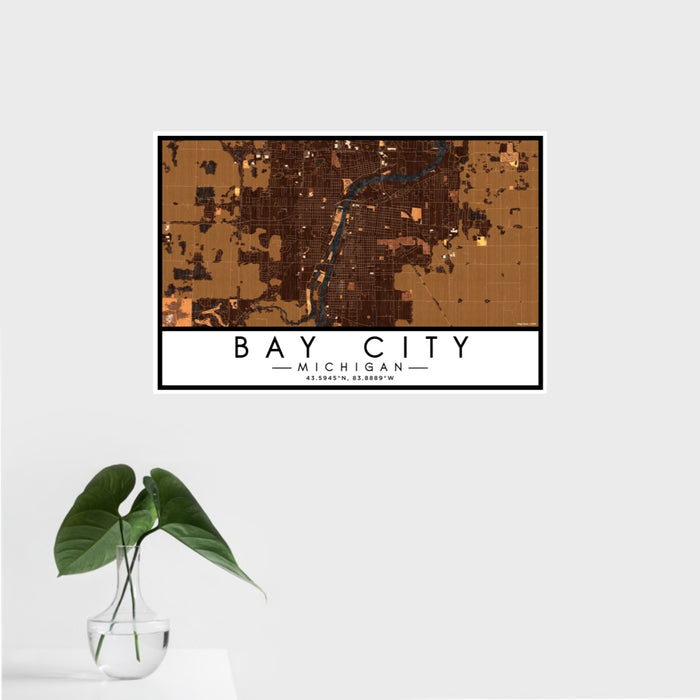 16x24 Bay City Michigan Map Print Landscape Orientation in Ember Style With Tropical Plant Leaves in Water