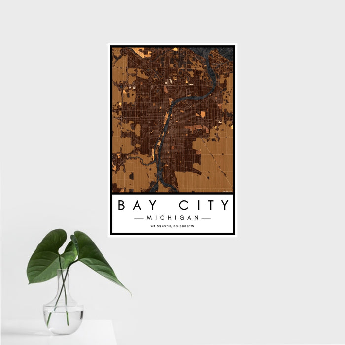 16x24 Bay City Michigan Map Print Portrait Orientation in Ember Style With Tropical Plant Leaves in Water