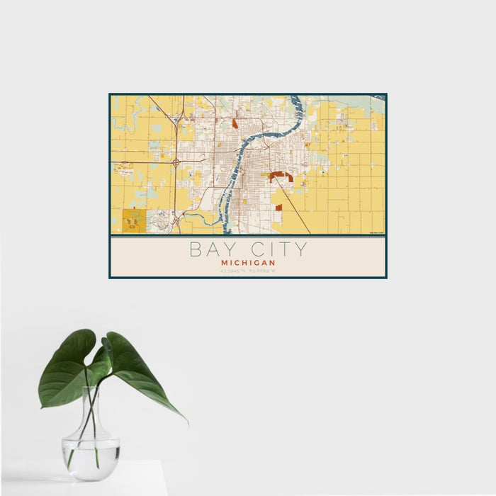 16x24 Bay City Michigan Map Print Landscape Orientation in Woodblock Style With Tropical Plant Leaves in Water