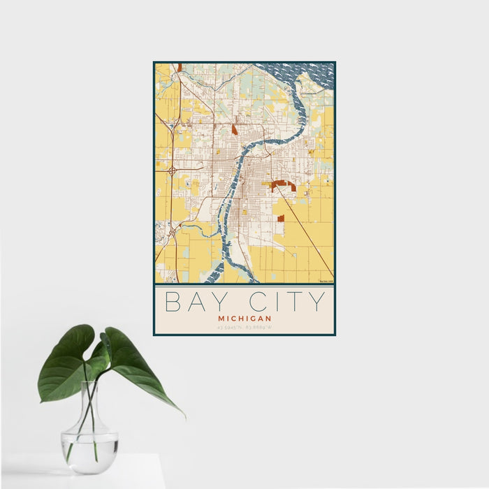 16x24 Bay City Michigan Map Print Portrait Orientation in Woodblock Style With Tropical Plant Leaves in Water