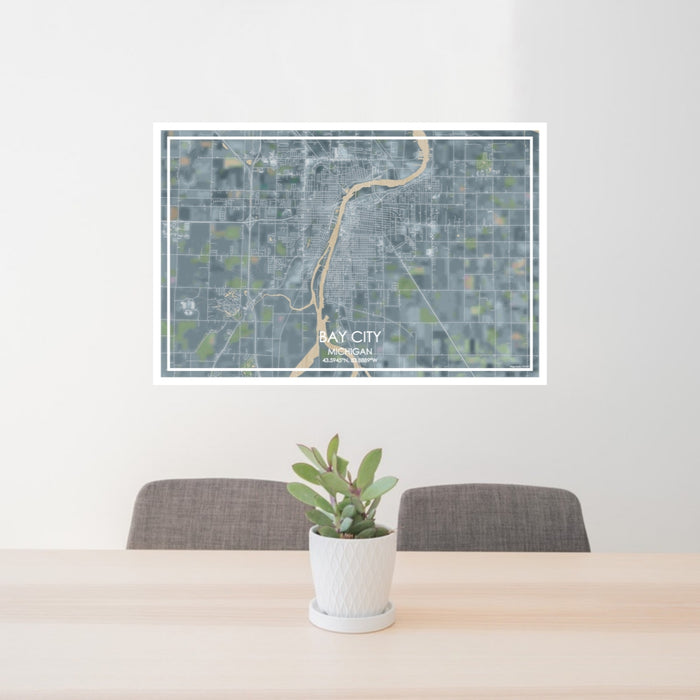 24x36 Bay City Michigan Map Print Lanscape Orientation in Afternoon Style Behind 2 Chairs Table and Potted Plant