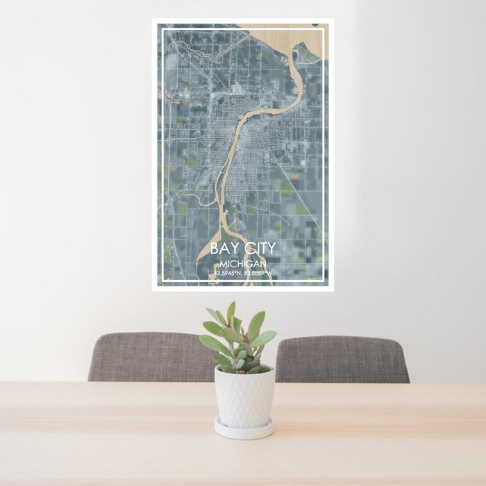 24x36 Bay City Michigan Map Print Portrait Orientation in Afternoon Style Behind 2 Chairs Table and Potted Plant