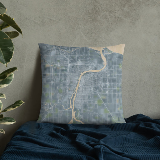 Custom Bay City Michigan Map Throw Pillow in Afternoon on Bedding Against Wall