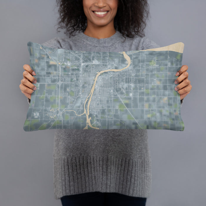 Person holding 20x12 Custom Bay City Michigan Map Throw Pillow in Afternoon