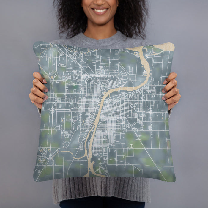 Person holding 18x18 Custom Bay City Michigan Map Throw Pillow in Afternoon