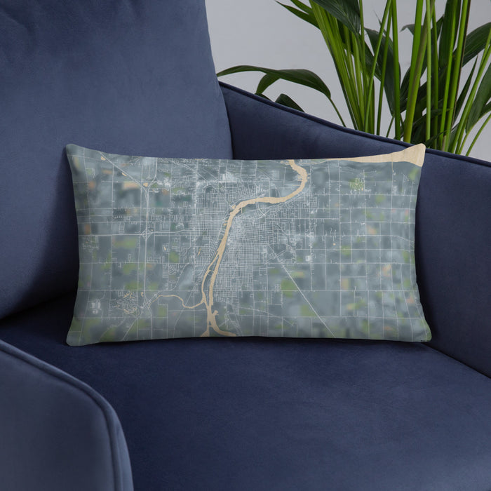 Custom Bay City Michigan Map Throw Pillow in Afternoon on Blue Colored Chair