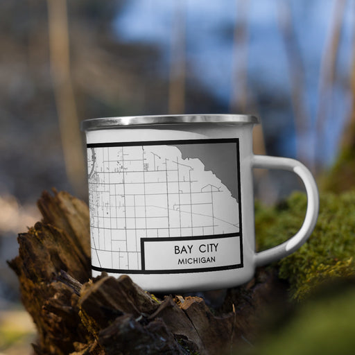 Right View Custom Bay City Michigan Map Enamel Mug in Classic on Grass With Trees in Background