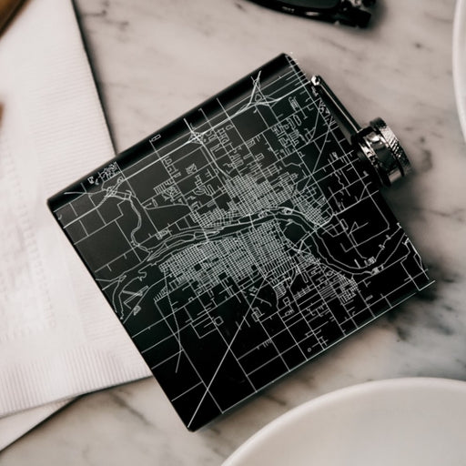Bay City Michigan Custom Engraved City Map Inscription Coordinates on 6oz Stainless Steel Flask in Black