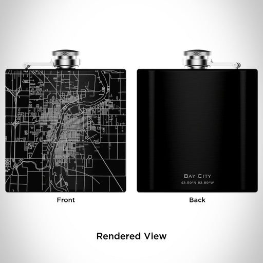Rendered View of Bay City Michigan Map Engraving on 6oz Stainless Steel Flask in Black