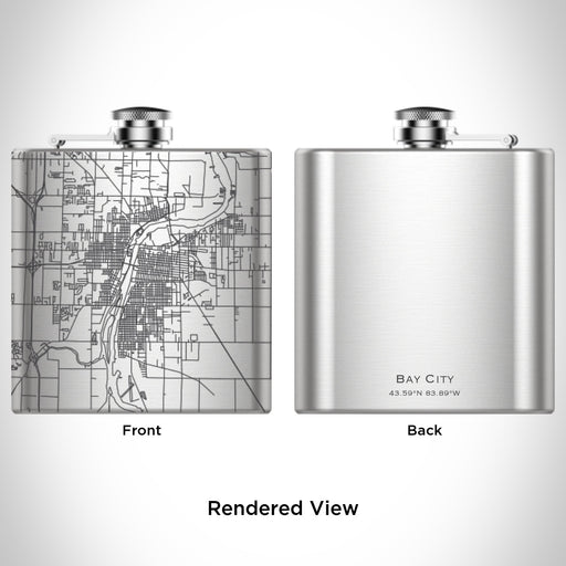 Rendered View of Bay City Michigan Map Engraving on 6oz Stainless Steel Flask