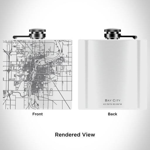 Rendered View of Bay City Michigan Map Engraving on 6oz Stainless Steel Flask in White