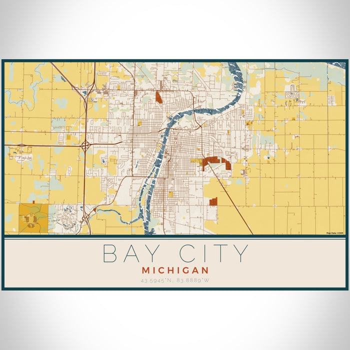 Bay City Michigan Map Print Landscape Orientation in Woodblock Style With Shaded Background