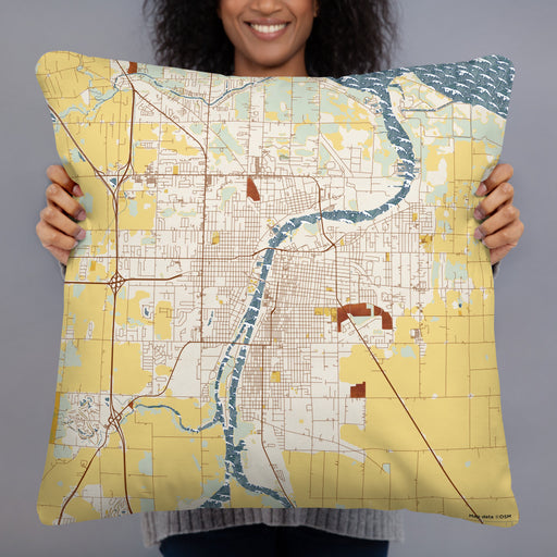 Person holding 22x22 Custom Bay City Michigan Map Throw Pillow in Woodblock
