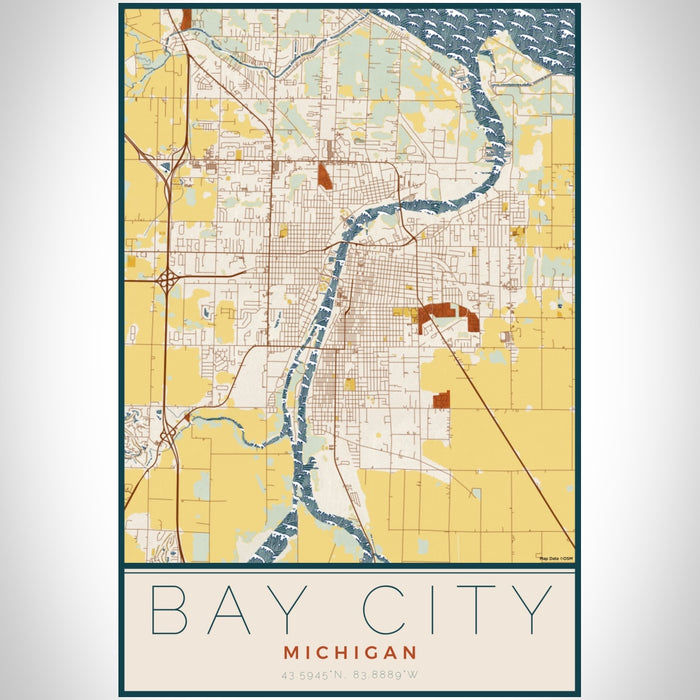Bay City Michigan Map Print Portrait Orientation in Woodblock Style With Shaded Background