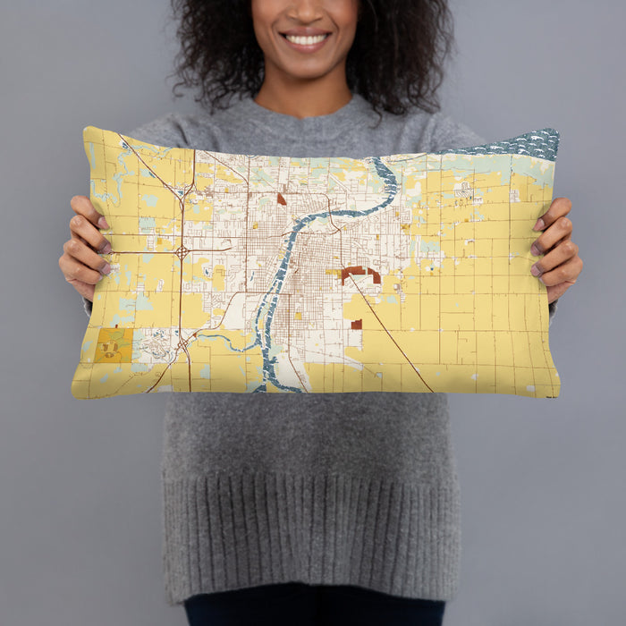 Person holding 20x12 Custom Bay City Michigan Map Throw Pillow in Woodblock