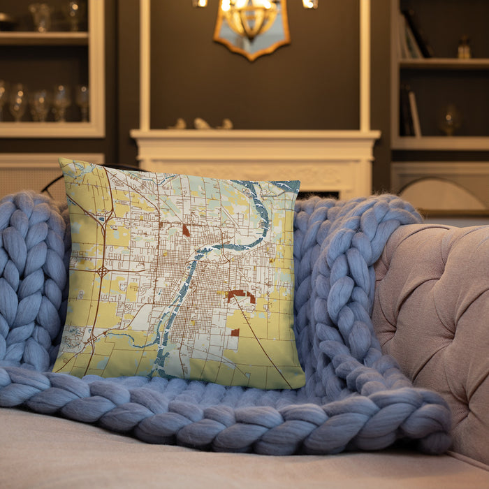 Custom Bay City Michigan Map Throw Pillow in Woodblock on Cream Colored Couch