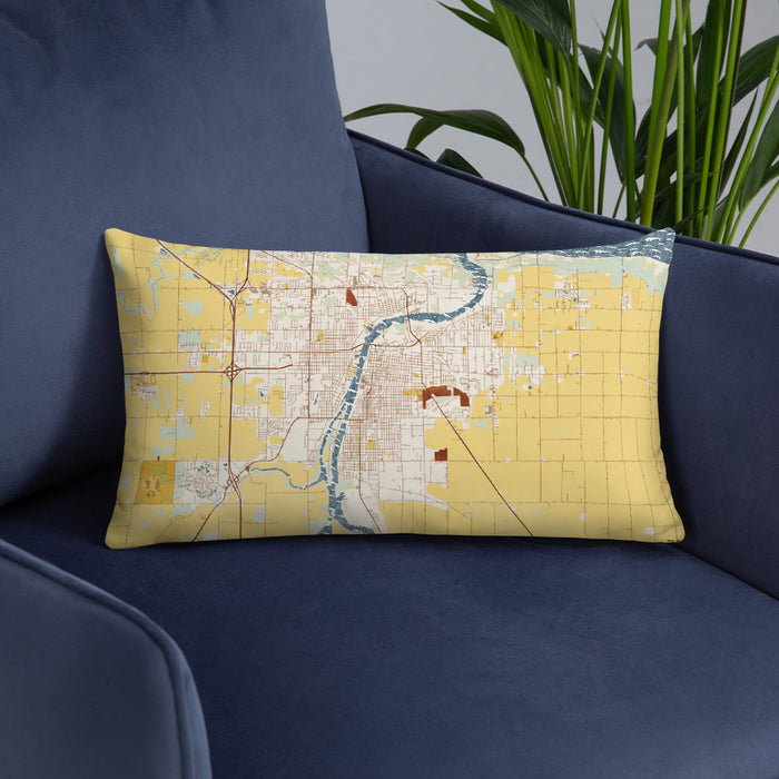Custom Bay City Michigan Map Throw Pillow in Woodblock on Blue Colored Chair
