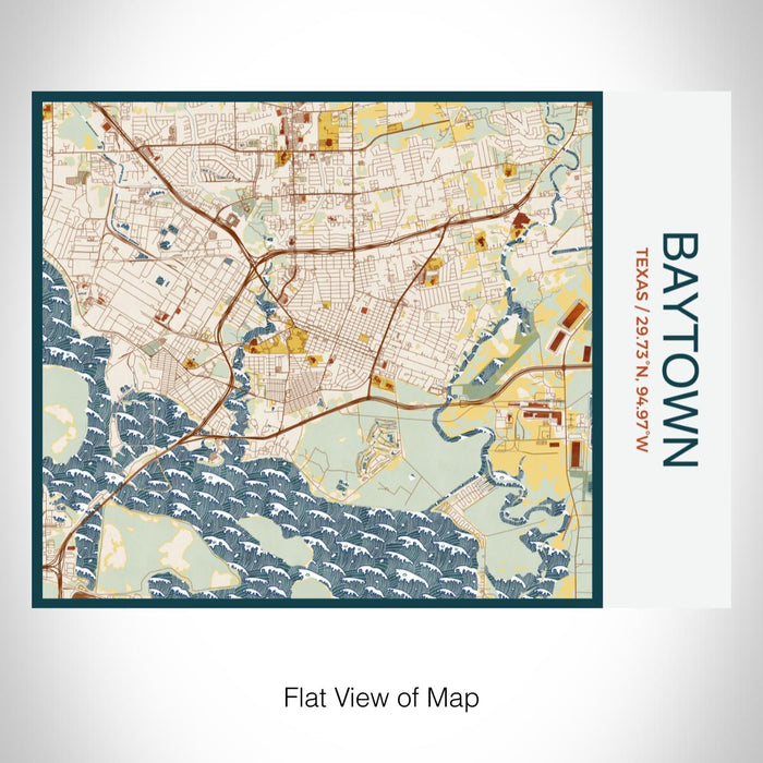 Rendered View of Baytown Texas Map on 20oz Stainless Steel Insulated Bottle with Bamboo Top with printed woodblock style map
