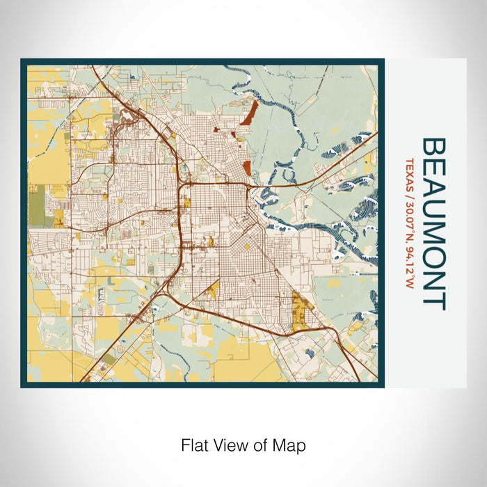 Rendered View of Beaumont Texas Map on 20oz Stainless Steel Insulated Bottle with Bamboo Top with printed woodblock style map