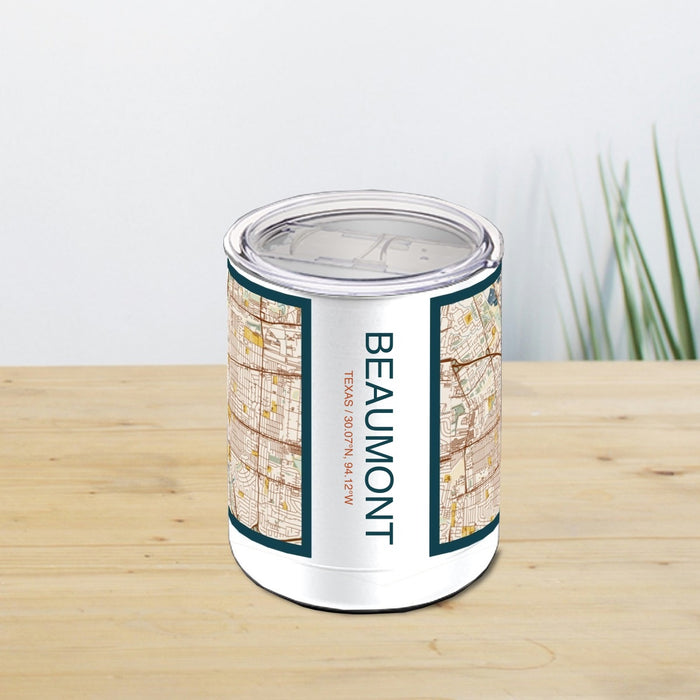 Beaumont Texas Custom City Map Inscription Coordinates on 10oz Stainless Steel Insulated Cup in Woodblock with Sliding Lid