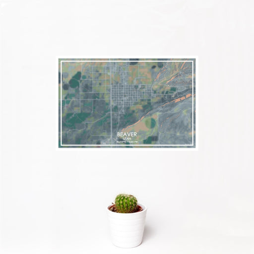 12x18 Beaver Utah Map Print Landscape Orientation in Afternoon Style With Small Cactus Plant in White Planter