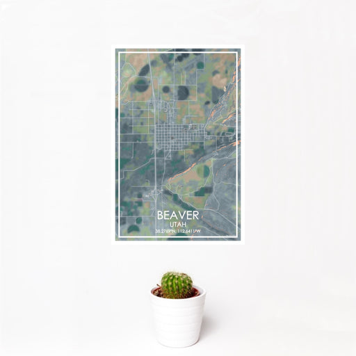 12x18 Beaver Utah Map Print Portrait Orientation in Afternoon Style With Small Cactus Plant in White Planter
