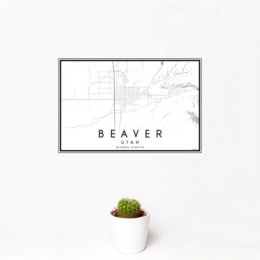 12x18 Beaver Utah Map Print Landscape Orientation in Classic Style With Small Cactus Plant in White Planter