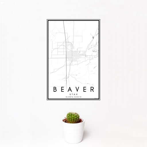 12x18 Beaver Utah Map Print Portrait Orientation in Classic Style With Small Cactus Plant in White Planter