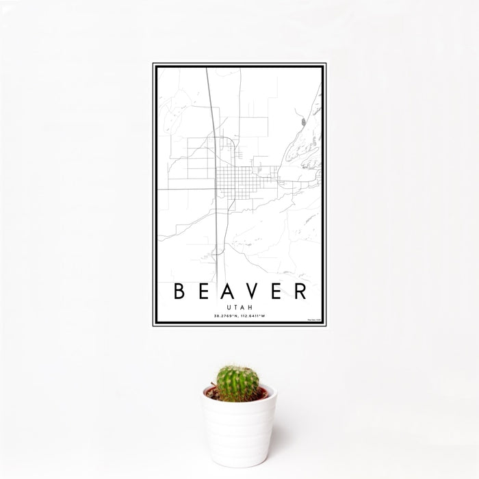 12x18 Beaver Utah Map Print Portrait Orientation in Classic Style With Small Cactus Plant in White Planter
