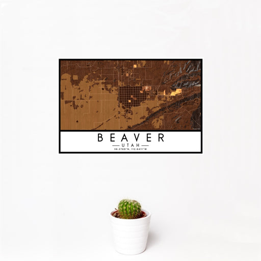 12x18 Beaver Utah Map Print Landscape Orientation in Ember Style With Small Cactus Plant in White Planter