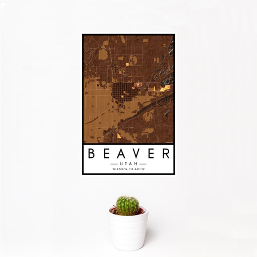 12x18 Beaver Utah Map Print Portrait Orientation in Ember Style With Small Cactus Plant in White Planter
