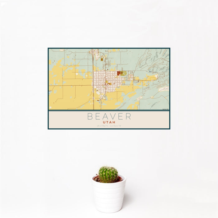 12x18 Beaver Utah Map Print Landscape Orientation in Woodblock Style With Small Cactus Plant in White Planter