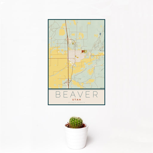 12x18 Beaver Utah Map Print Portrait Orientation in Woodblock Style With Small Cactus Plant in White Planter