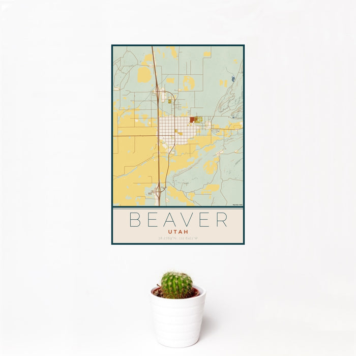 12x18 Beaver Utah Map Print Portrait Orientation in Woodblock Style With Small Cactus Plant in White Planter