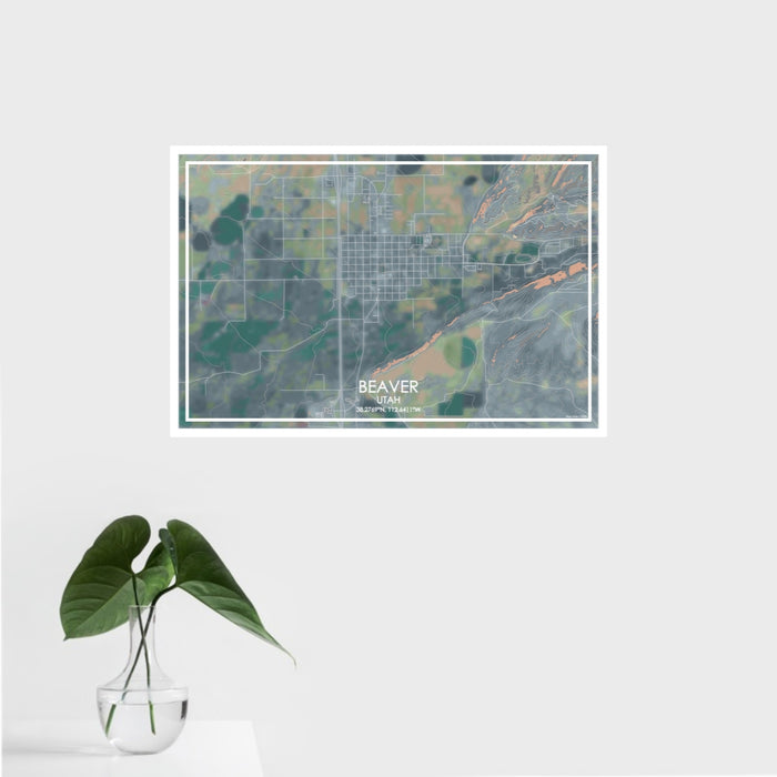 16x24 Beaver Utah Map Print Landscape Orientation in Afternoon Style With Tropical Plant Leaves in Water