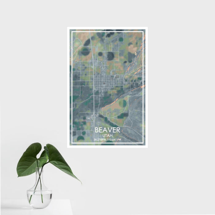 16x24 Beaver Utah Map Print Portrait Orientation in Afternoon Style With Tropical Plant Leaves in Water