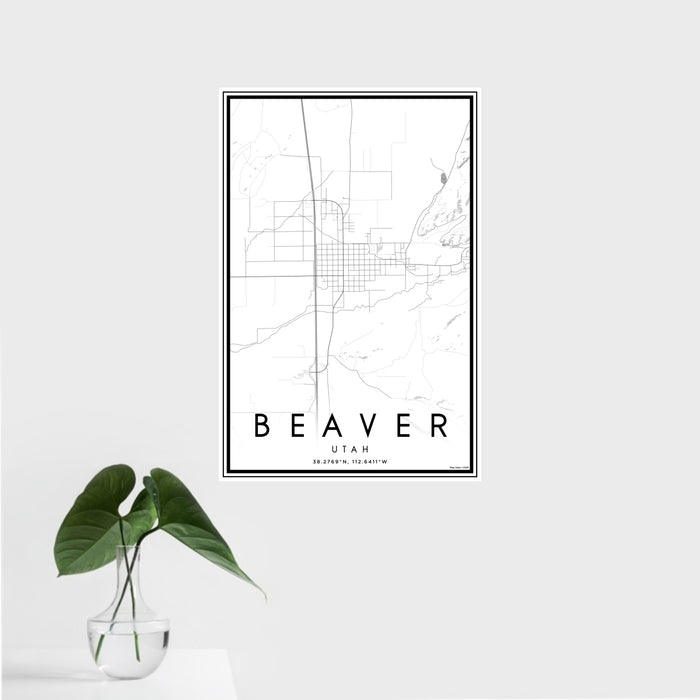 16x24 Beaver Utah Map Print Portrait Orientation in Classic Style With Tropical Plant Leaves in Water