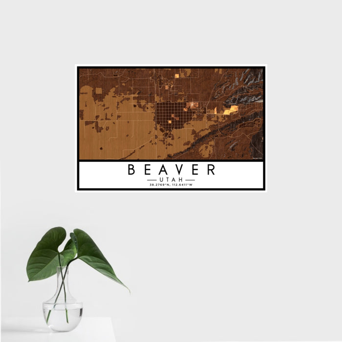 16x24 Beaver Utah Map Print Landscape Orientation in Ember Style With Tropical Plant Leaves in Water