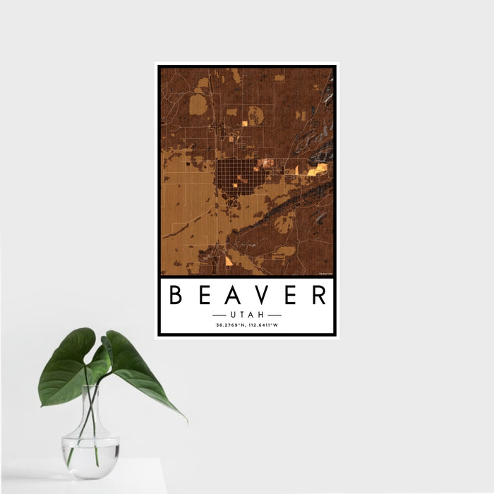 16x24 Beaver Utah Map Print Portrait Orientation in Ember Style With Tropical Plant Leaves in Water