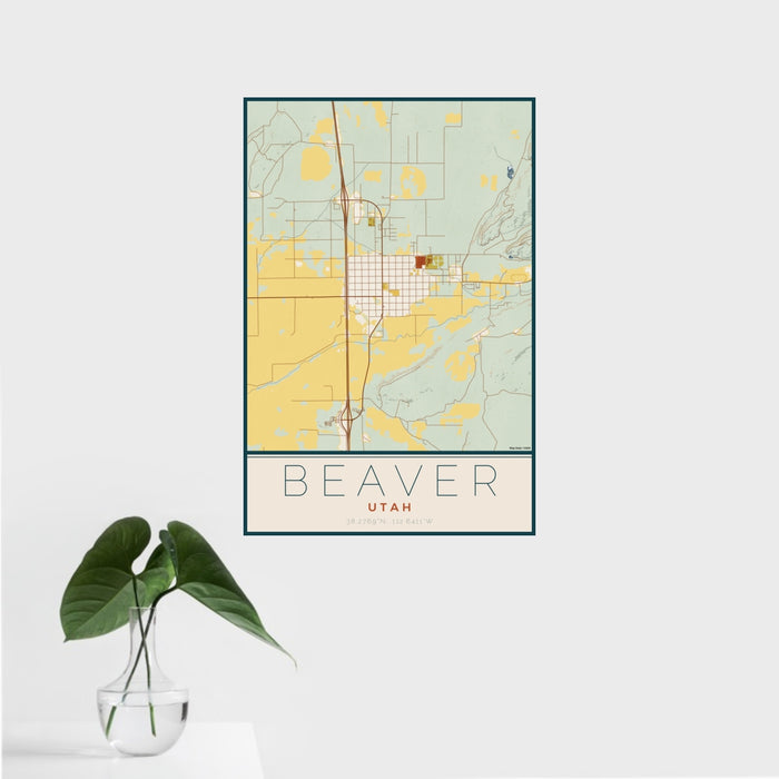 16x24 Beaver Utah Map Print Portrait Orientation in Woodblock Style With Tropical Plant Leaves in Water
