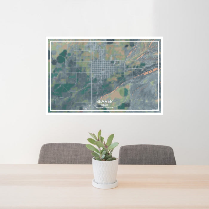 24x36 Beaver Utah Map Print Lanscape Orientation in Afternoon Style Behind 2 Chairs Table and Potted Plant