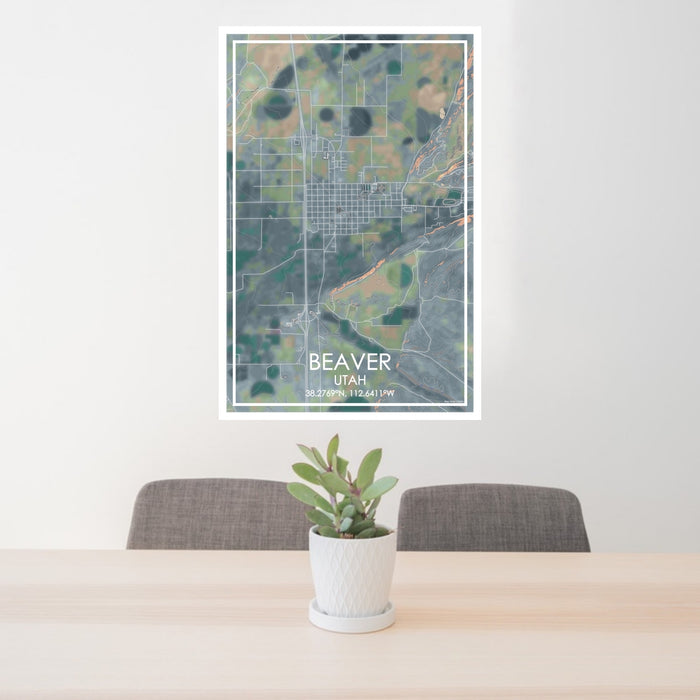 24x36 Beaver Utah Map Print Portrait Orientation in Afternoon Style Behind 2 Chairs Table and Potted Plant