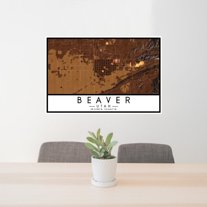 24x36 Beaver Utah Map Print Lanscape Orientation in Ember Style Behind 2 Chairs Table and Potted Plant