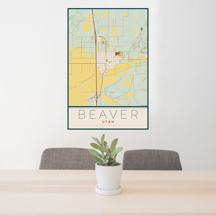 24x36 Beaver Utah Map Print Portrait Orientation in Woodblock Style Behind 2 Chairs Table and Potted Plant